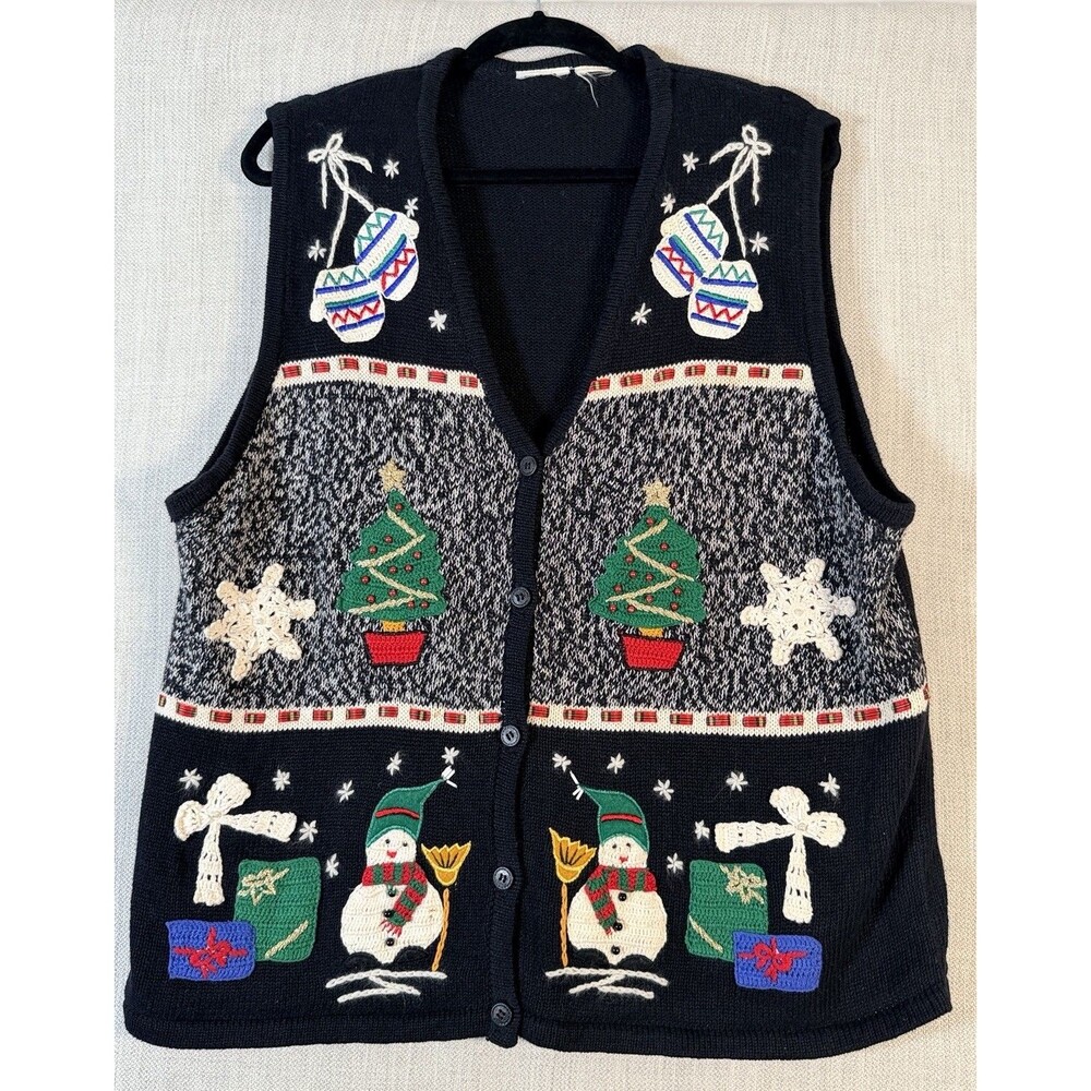 VTG Ugly Christmas Sweater Vest XL/1X Knit Embroidered Beaded Bejeweled Holiday